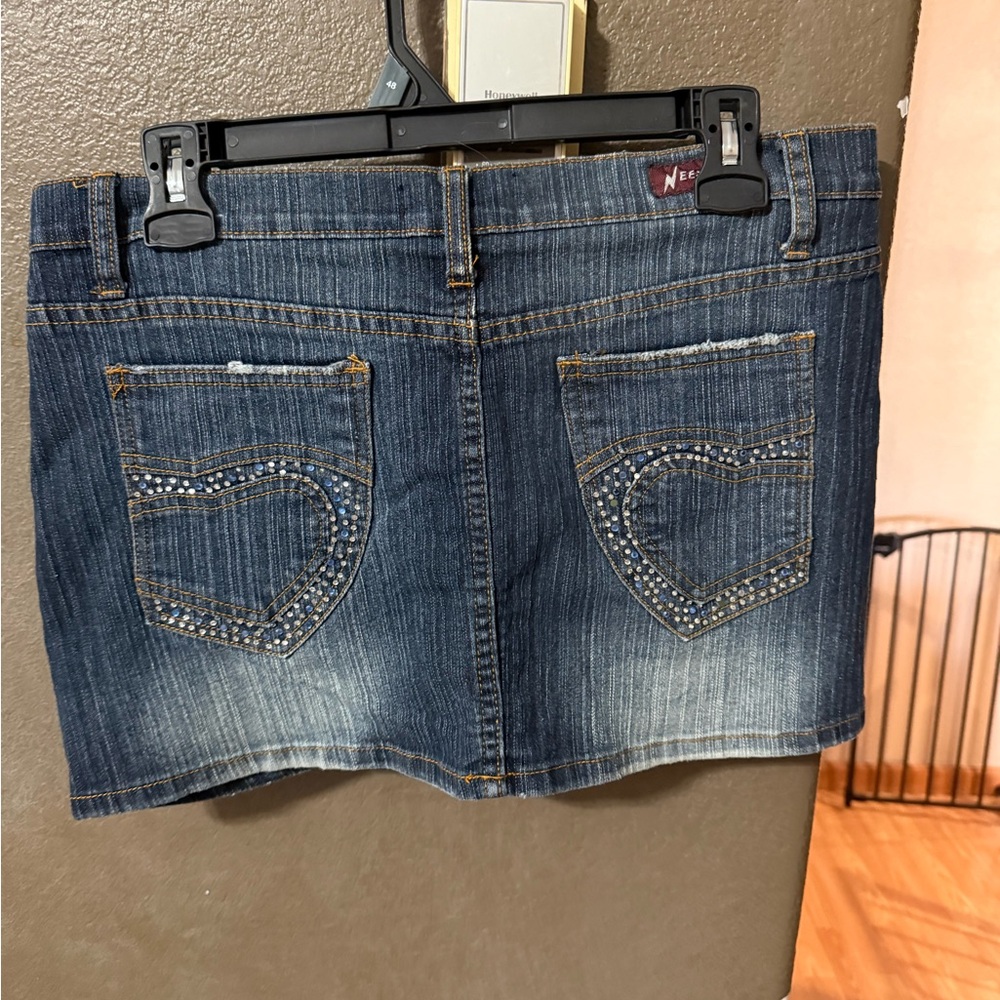 Neeso Jeans Denim Mini Skirt with Rhinestone Heart Embellishments